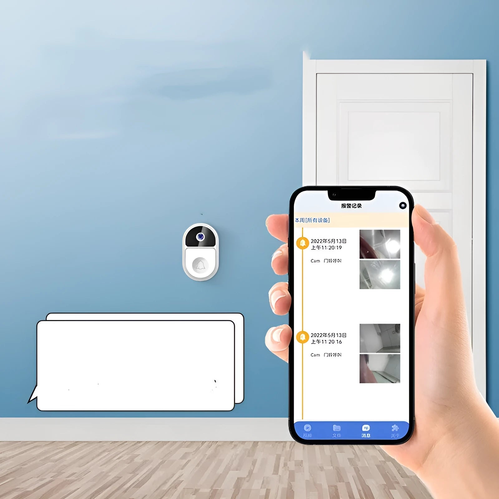 Doodle Smart Visual Doorbell V8 in black colour on a wall next to a door.