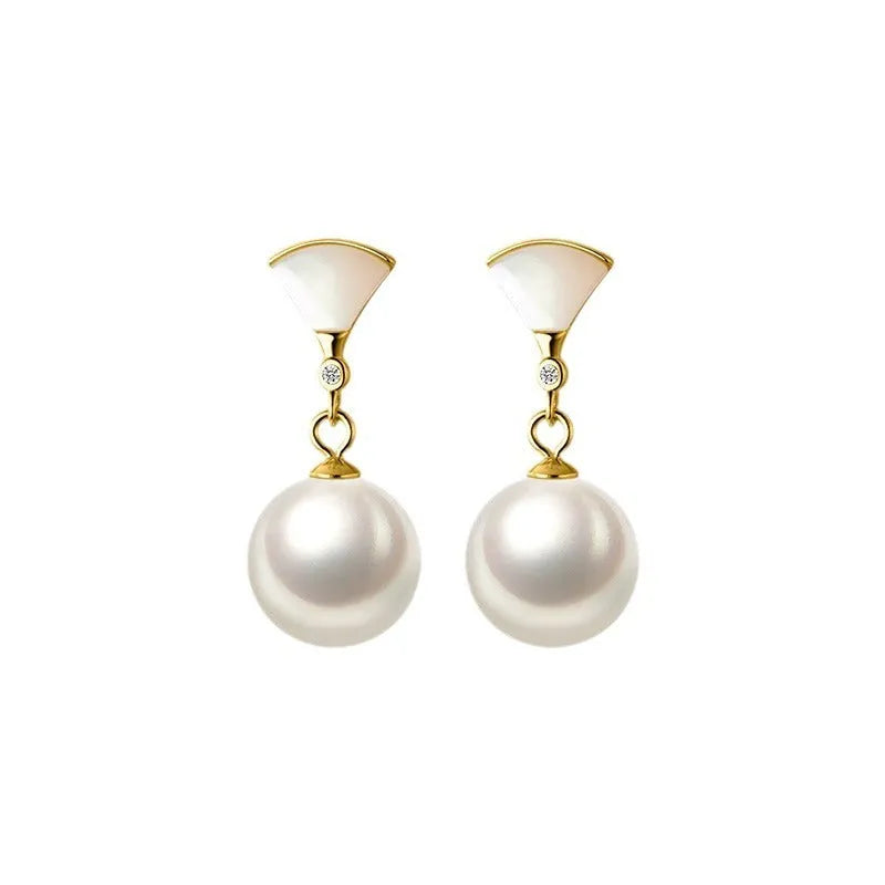 Gold 925 silver fan-shaped shell pearl earrings for women, geometric ancient style, pair