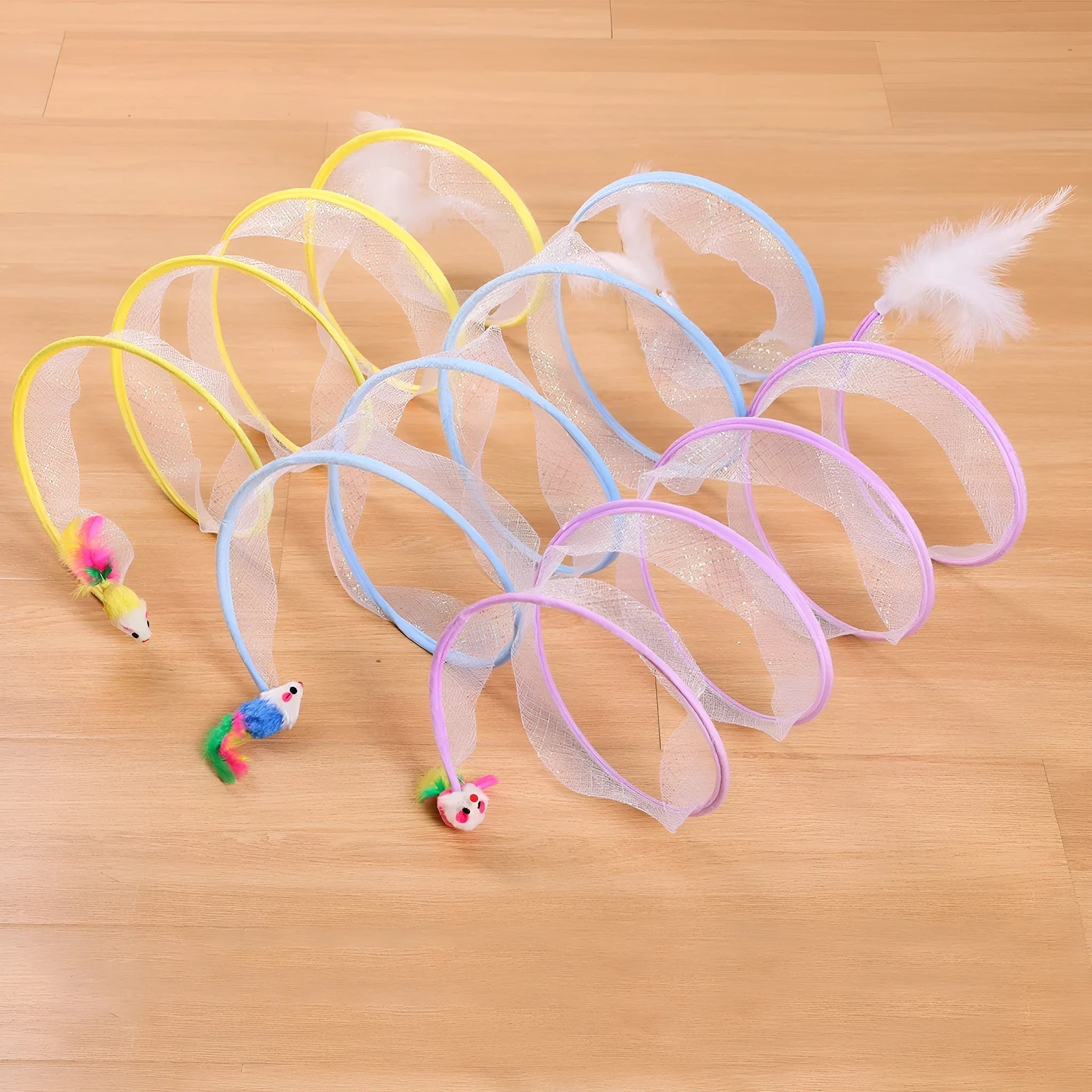 S-type collapsible cat tunnel toy with steel frame, elastic net, and feather attachments