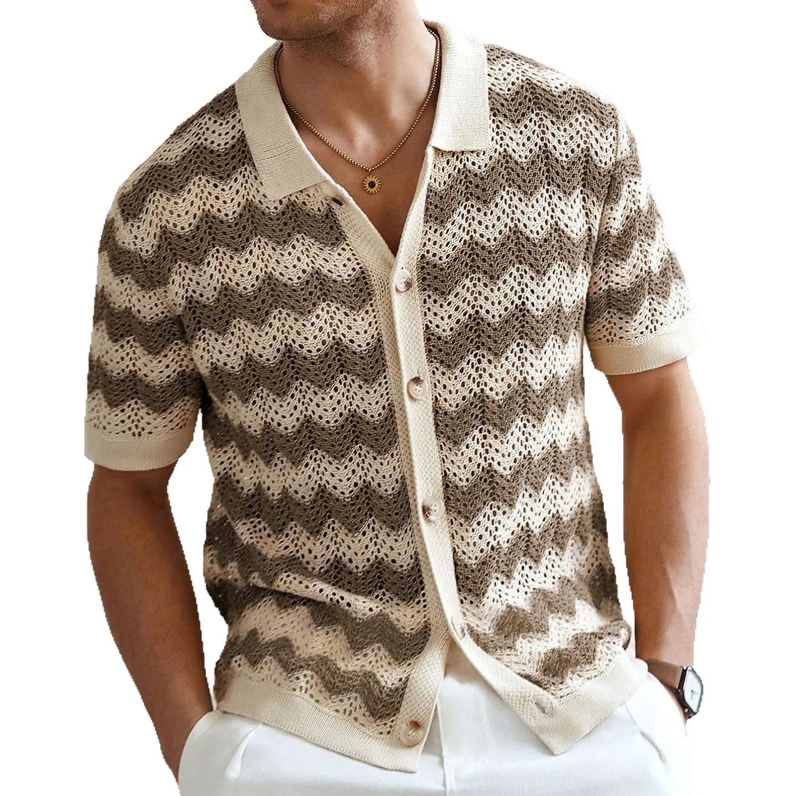 Yellow short-sleeve sweater with a raised corrugated jacquard pattern and a flocked detail on the front.