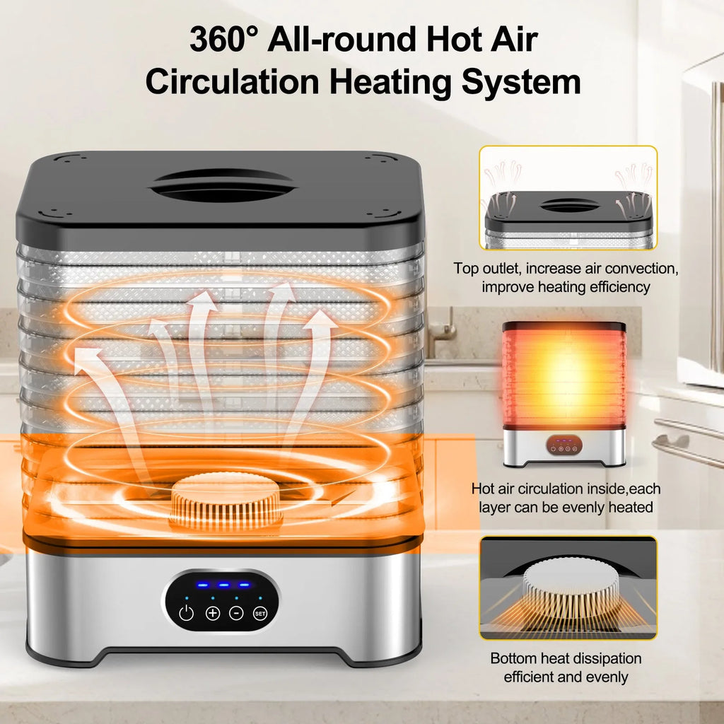 Silver household food dehydrator with 8-layer tray system showing expanded height configuration