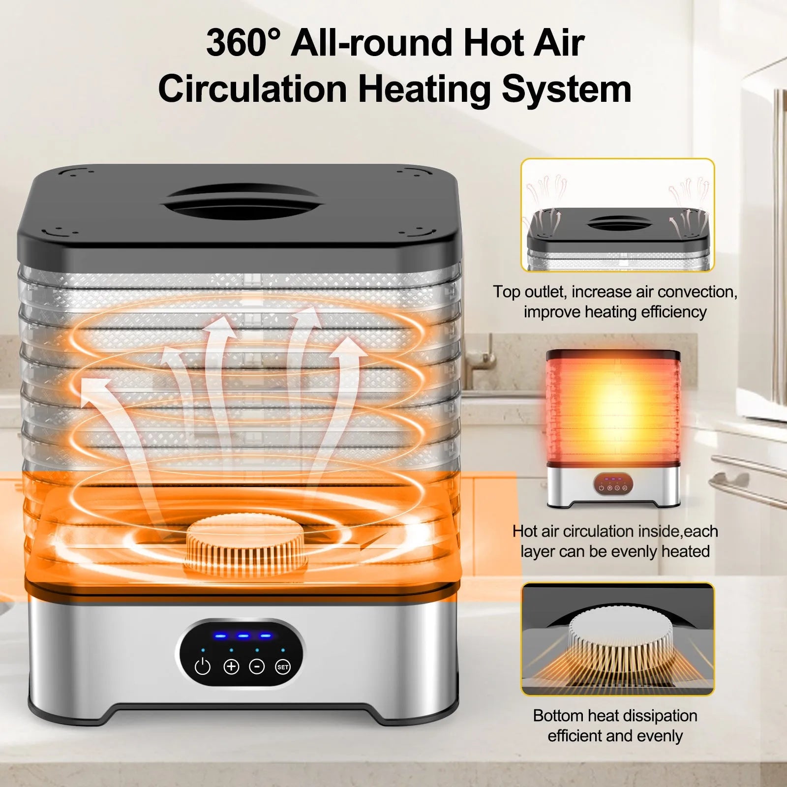 Silver household food dehydrator with 8-layer tray system showing expanded height configuration