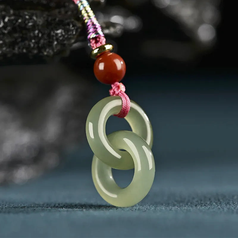 Hand-woven natural Hetian jade peace buckle necklace in 12mm or 15mm, light or dark colour