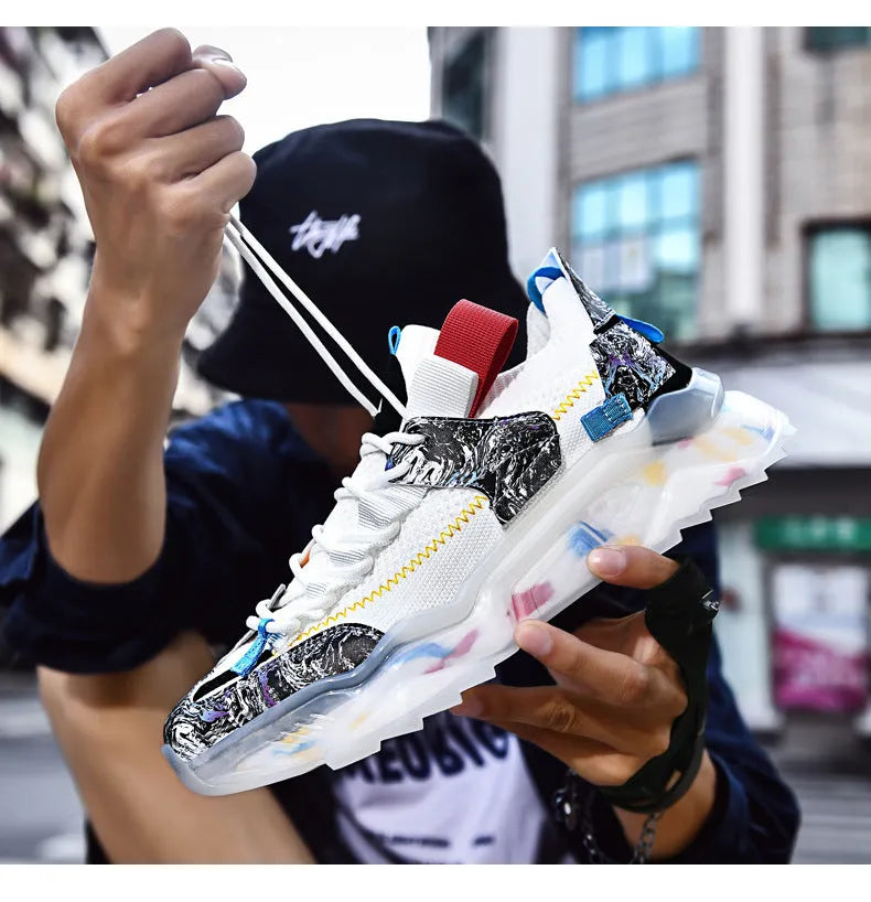 Breathable flying woven men's dad shoes fabric upper low heel beige black white casual sneakers