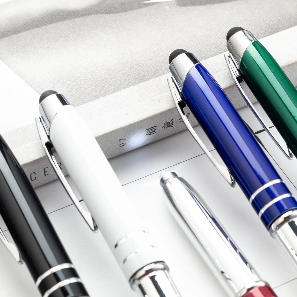 Metal ballpoint pen with capacitive stylus tip and LED light in five colour options