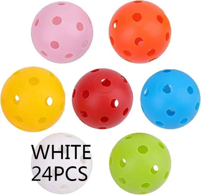 Assorted multi-colour 42mm golf practice balls with a net bag, shown next to practice putting holes.