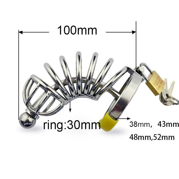 Male stainless steel chastity device with catheter and lock, available in multiple ring sizes from 38mm to 52mm