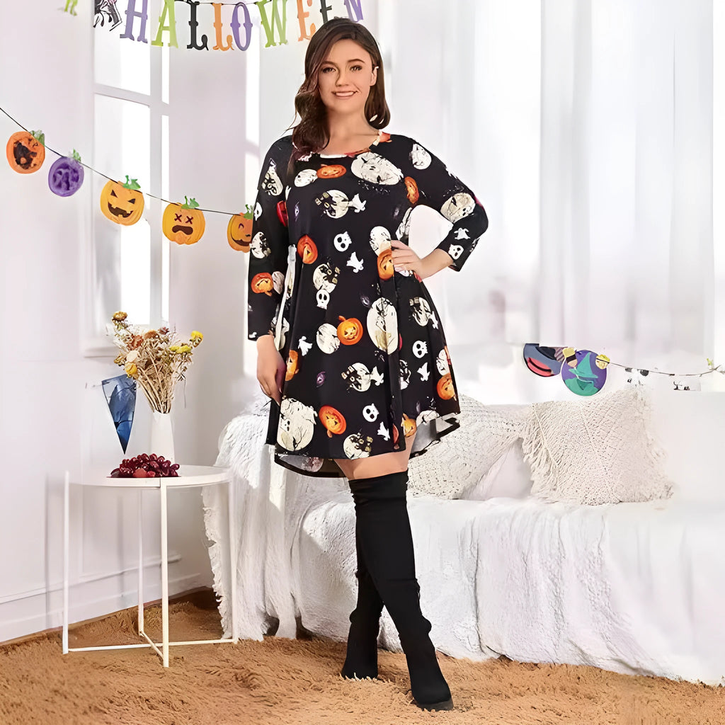 Women's printed T-shirt dress A-line midi pullover with 3D stereo pattern in Christmas Red colour