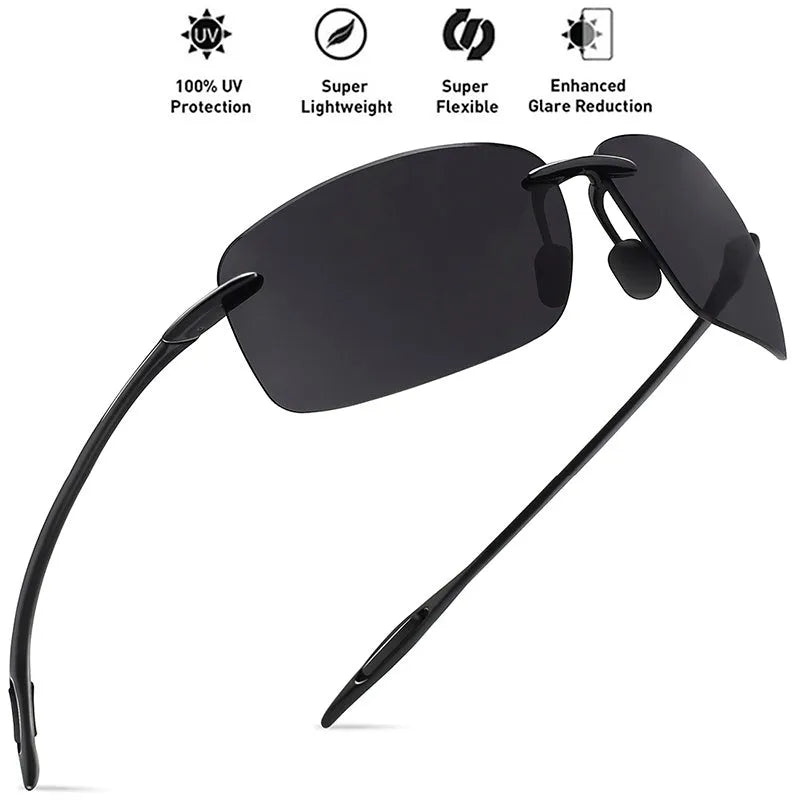 Rimless TR90 men's sunglasses with TAC UV400 lenses, shown in Black, Blue, Green, Grey, and Tea colour options.