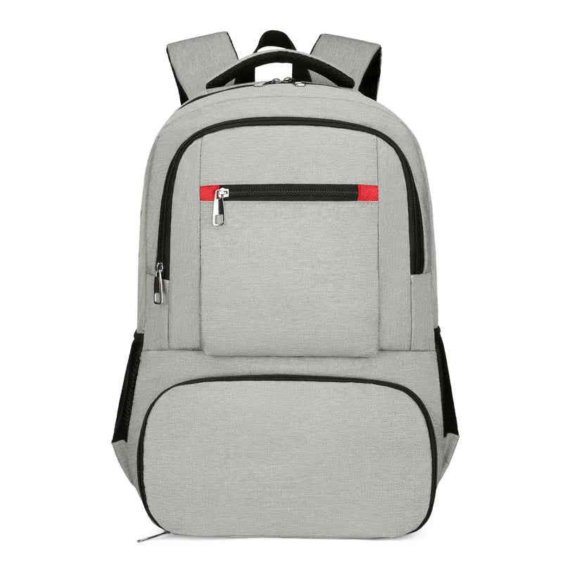 Light grey insulated Oxford cloth backpack with curved shoulder straps and dry wet separation compartments