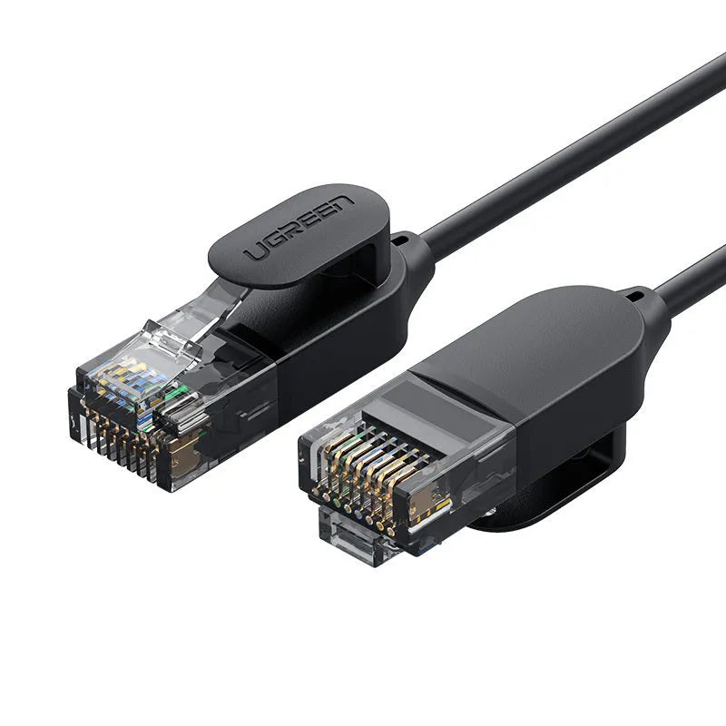 Black plastic network cable for home broadband router, available in lengths from 0.5m to 10m