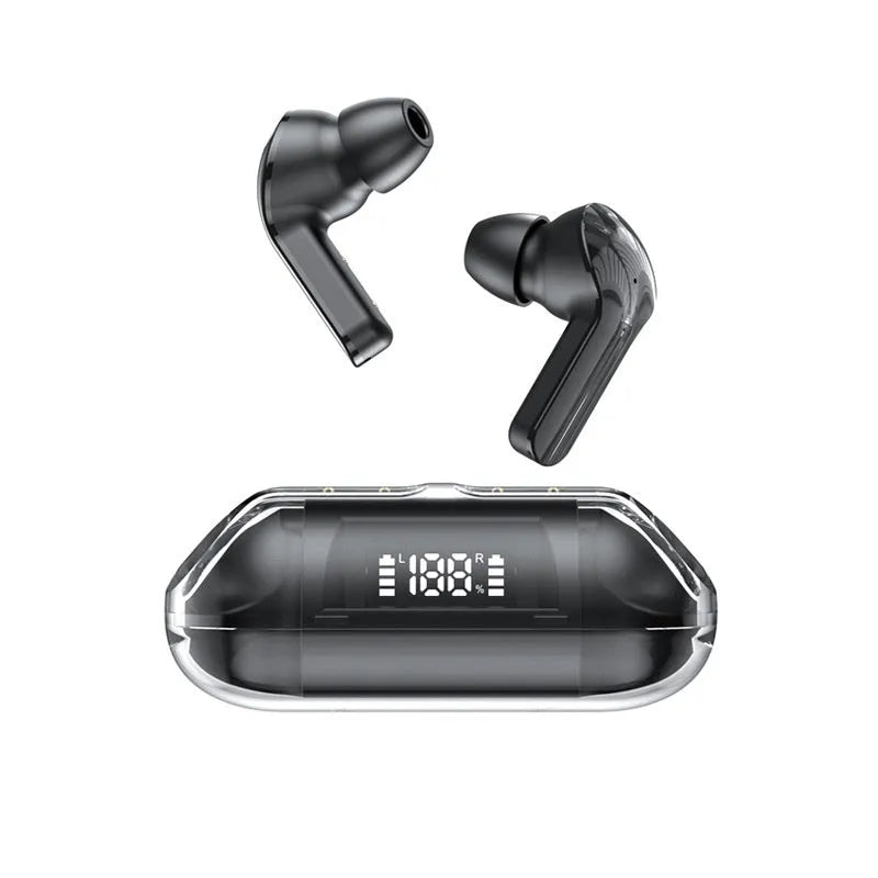 Transparent digital display case for a wireless Bluetooth headset with colour options of pink, black, green, and white.