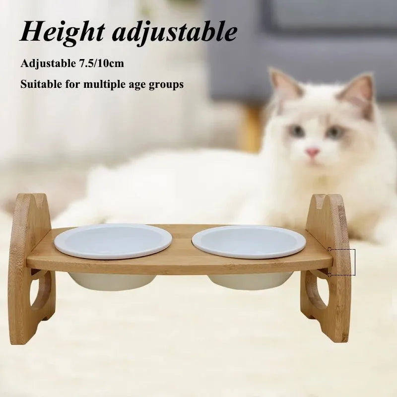 Ceramic double bowl pet feeder on bamboo stand, height adjustable, original wood colour, non-slip base