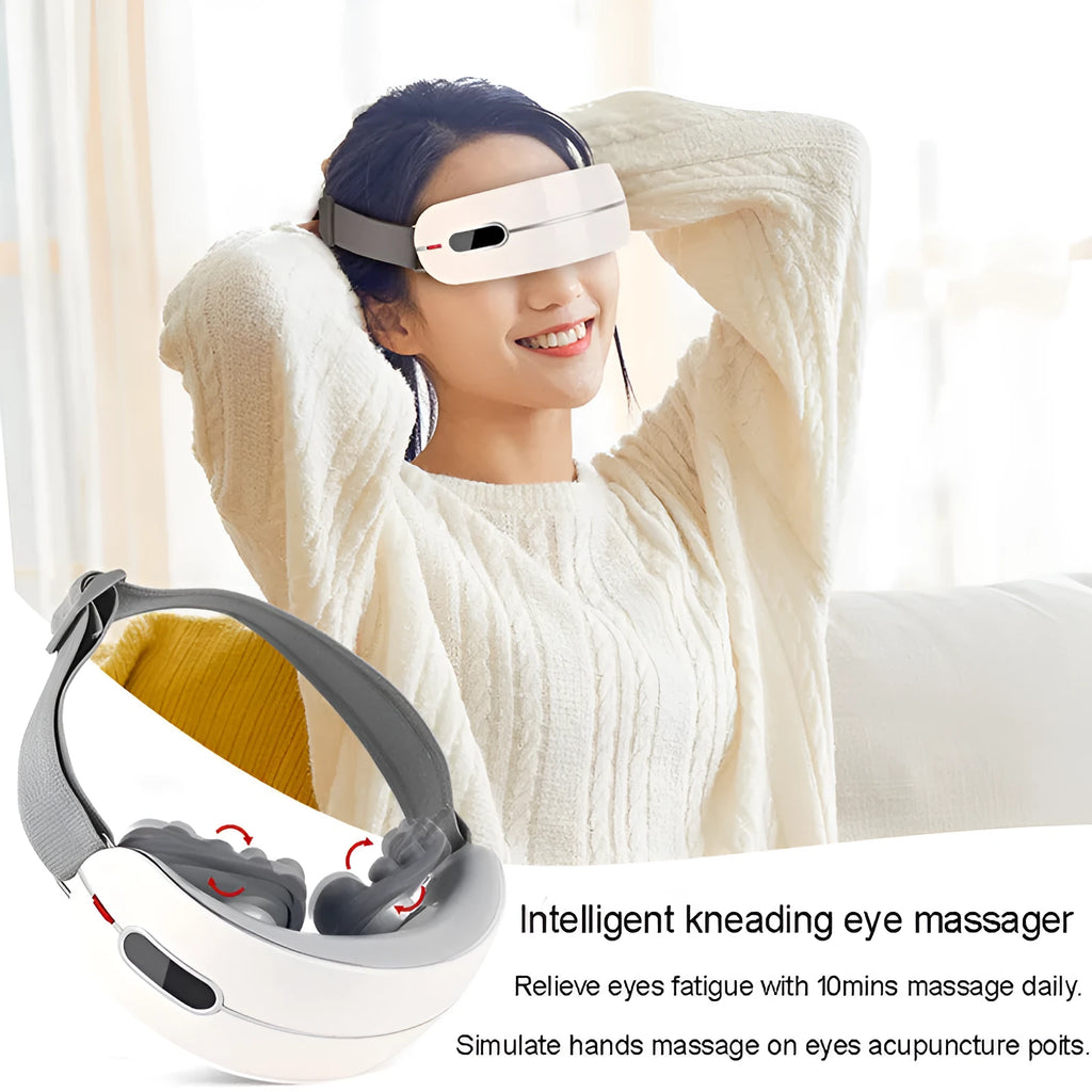 Black kneading eye massager with hot compress and vibration, USB rechargeable, 1200mAh battery
