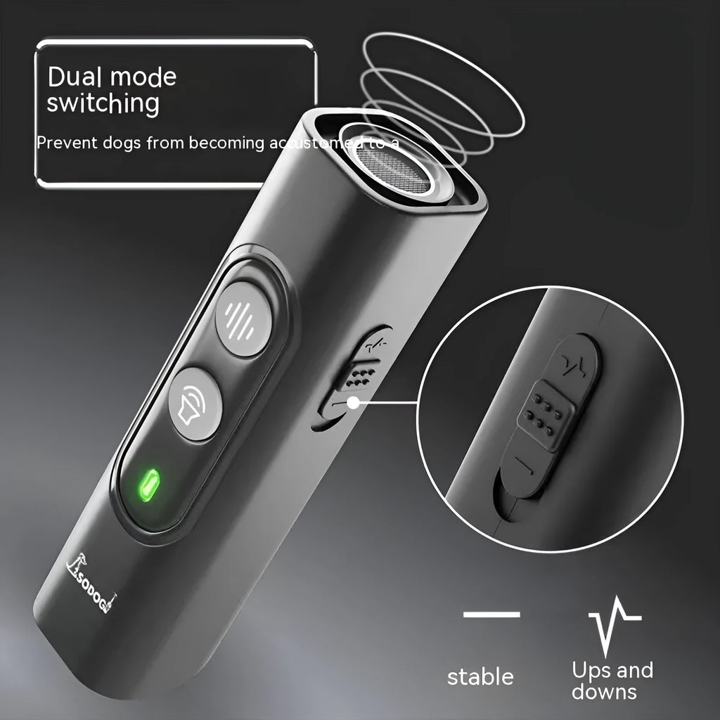 Black high power portable ultrasonic dog repellent device with hanging rope, effective up to 10 metres