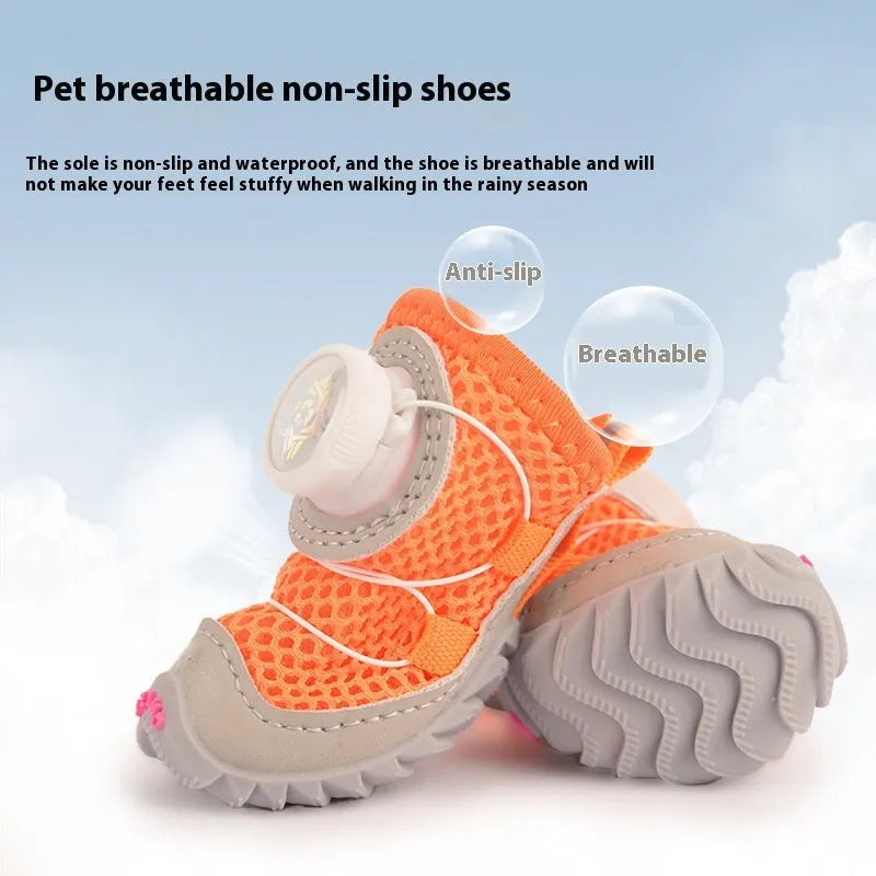Soft bottom non-slip dog shoes in black with Oxford cloth upper, shown on a small dog