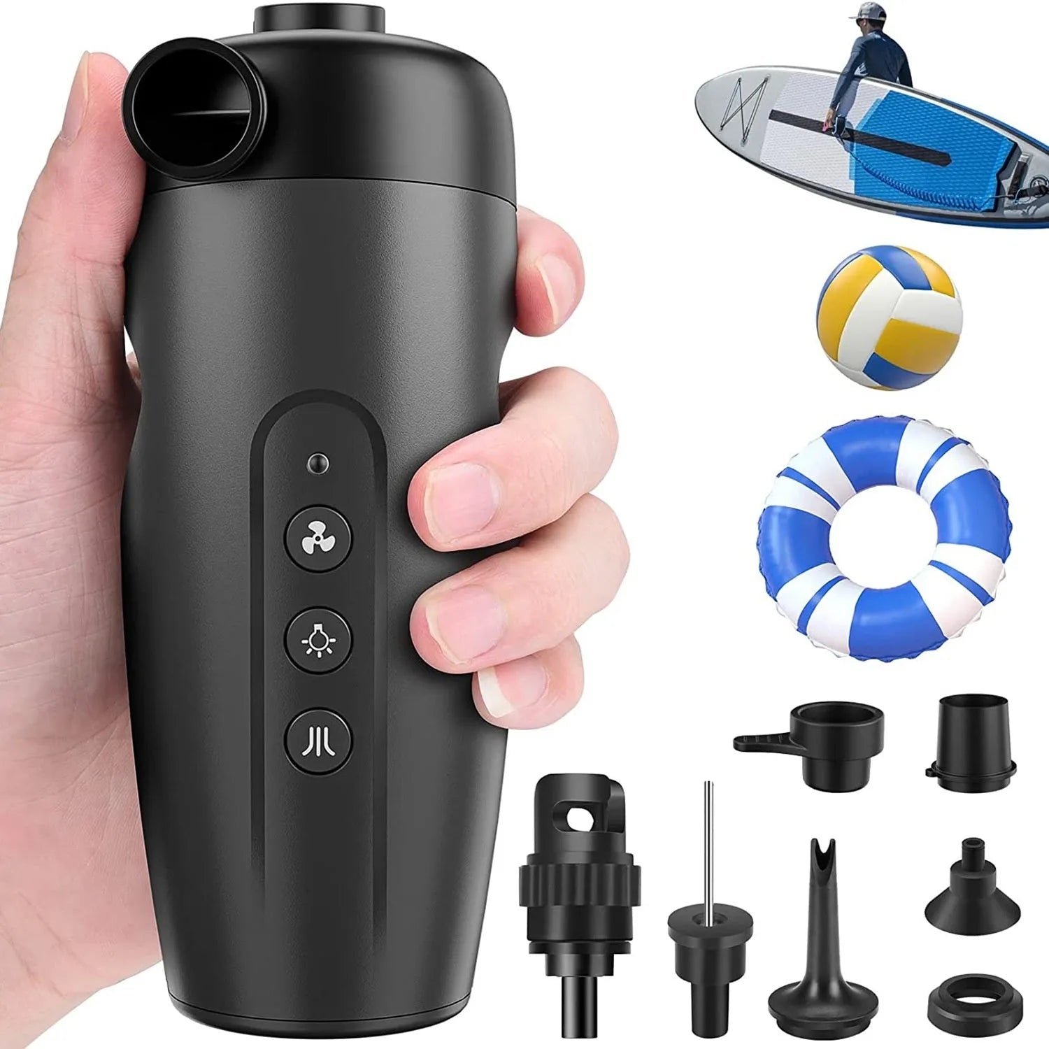 Black cordless portable inflator with ABS body, lighting, and warning lights for home and outdoor use