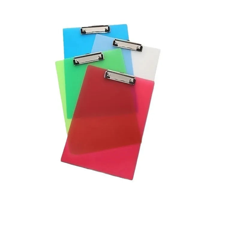 Clear plastic A4 plate holder with metal clip showing document inside, available in blue, green, red and white colours