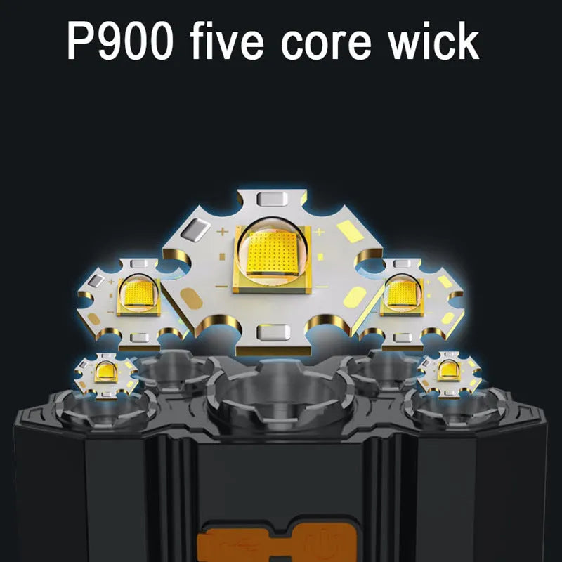Head-mounted LED miner's lamp with adjustable strap, showing the 10W light unit and included data cable.