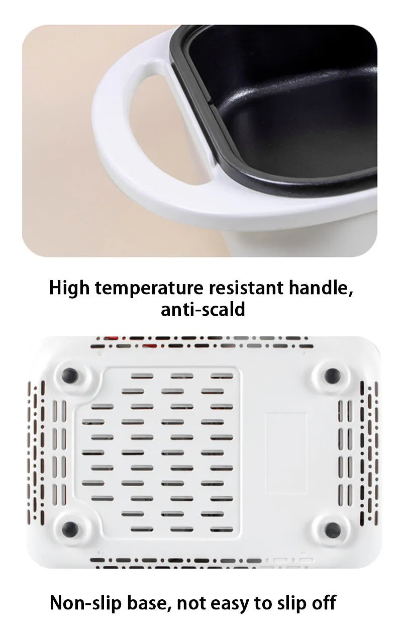 White electric casserole appliance with dual hot pot and frying oven functions on kitchen counter