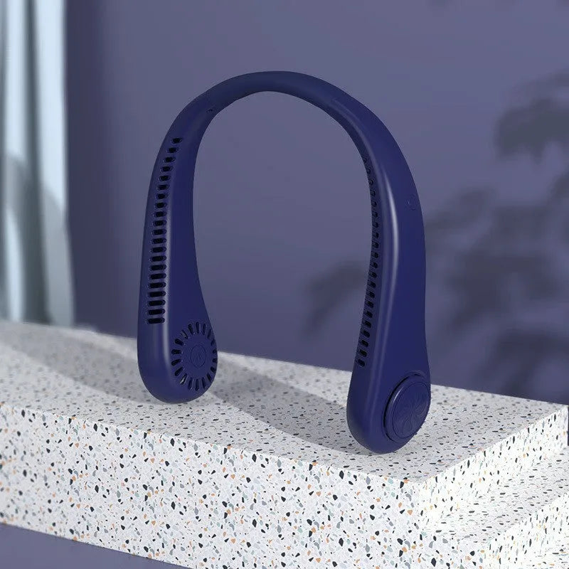White USB rechargeable bladeless neck fan with flexible neckband worn for personal cooling.