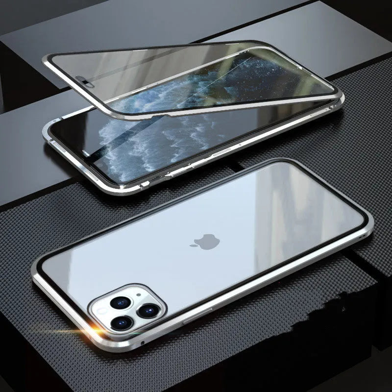 Glass clamshell anti-spy privacy case for iPhone in black, blue, gold, green, red, and silver colour options.