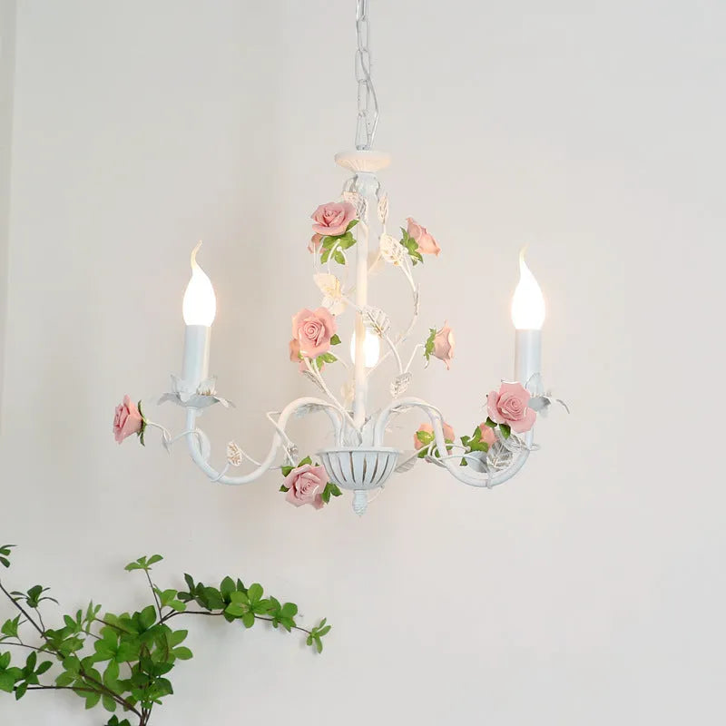 Pastoral bedroom chandelier with wrought iron flowers and plants in French retro princess style