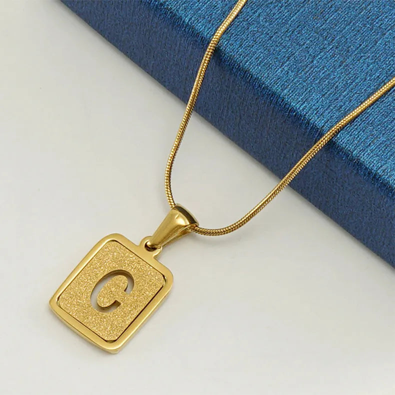 Alphabet necklace 26 letters hollow square pendant 18K gold tone titanium steel small snake chain