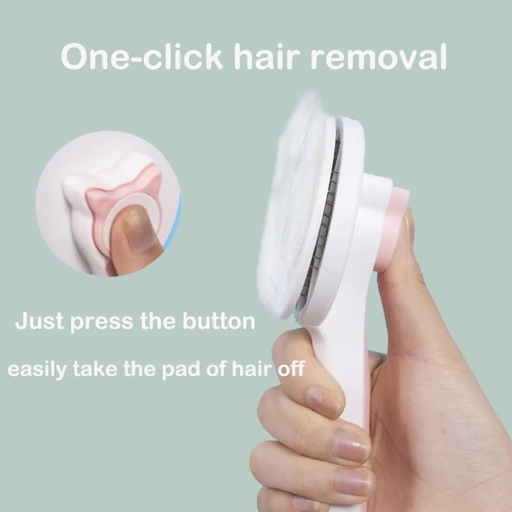 Self-cleaning pet brush with blue rubber handle and metal pins, shown with removed fur.