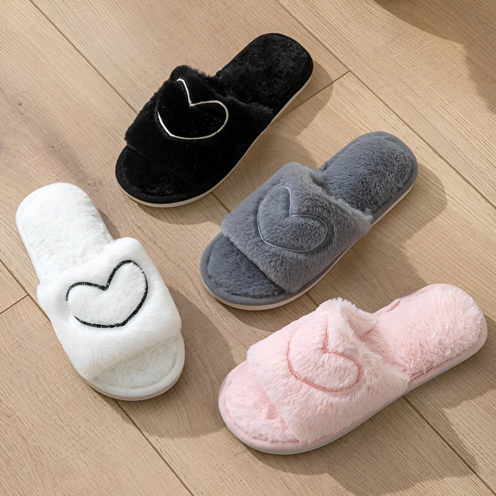 Plush open toe couple slippers in black with TPR sole and thickening upper