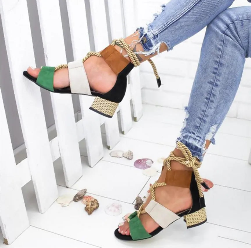 Women's beige suede fashion sandals with front strap, ankle strap, fish mouth toe, and a thick middle heel.