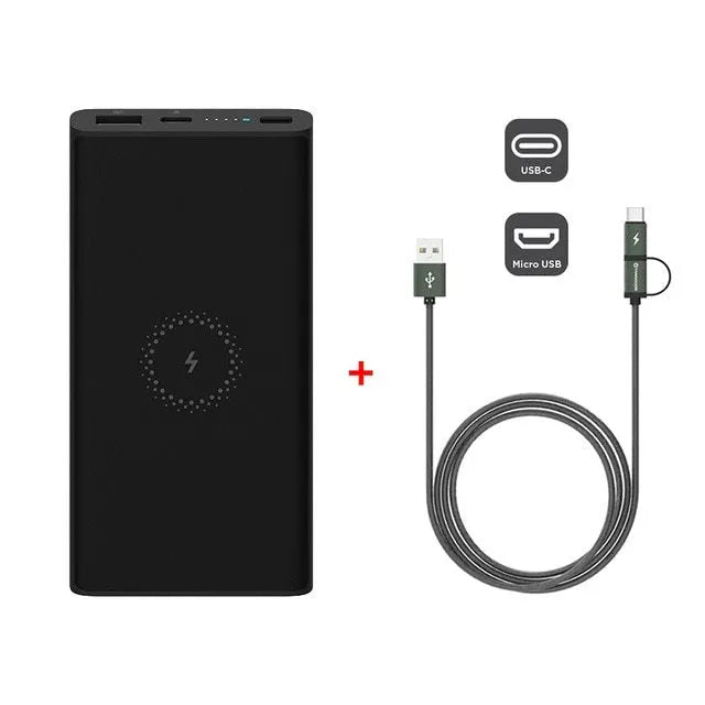 White and black 10000mAh power bank with USB-C port and wireless charging capability
