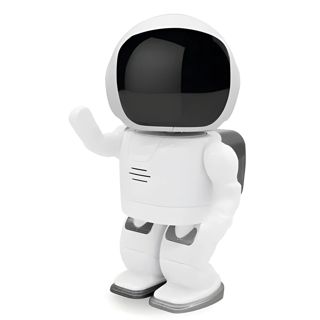 Astronaut-shaped robot camera with night vision and two-way audio, black or white, 208x120x93mm