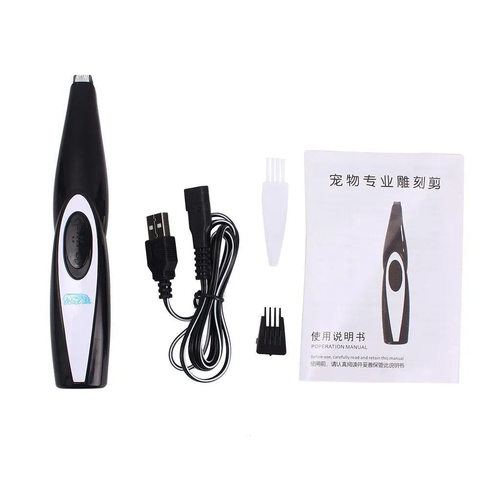 Black pet hair clippers with ceramic blade and ABS plastic body, USB rechargeable, 300mA