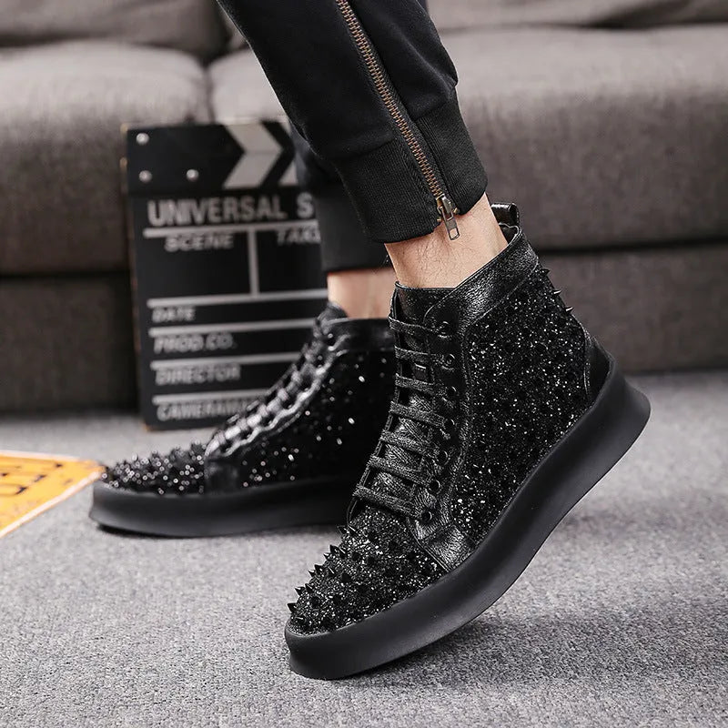 Men's leather business dress shoe Martin boot with cowhide upper, round toe, rivet details, rubber sole, in black, silver, red