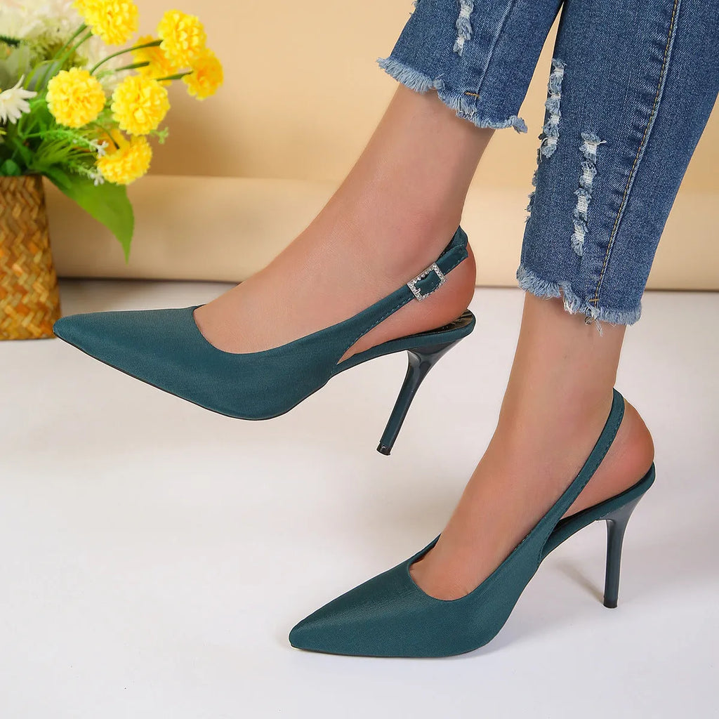 Women's pointed toe buckle sandals with stiletto heel, black PU upper, rubber sole