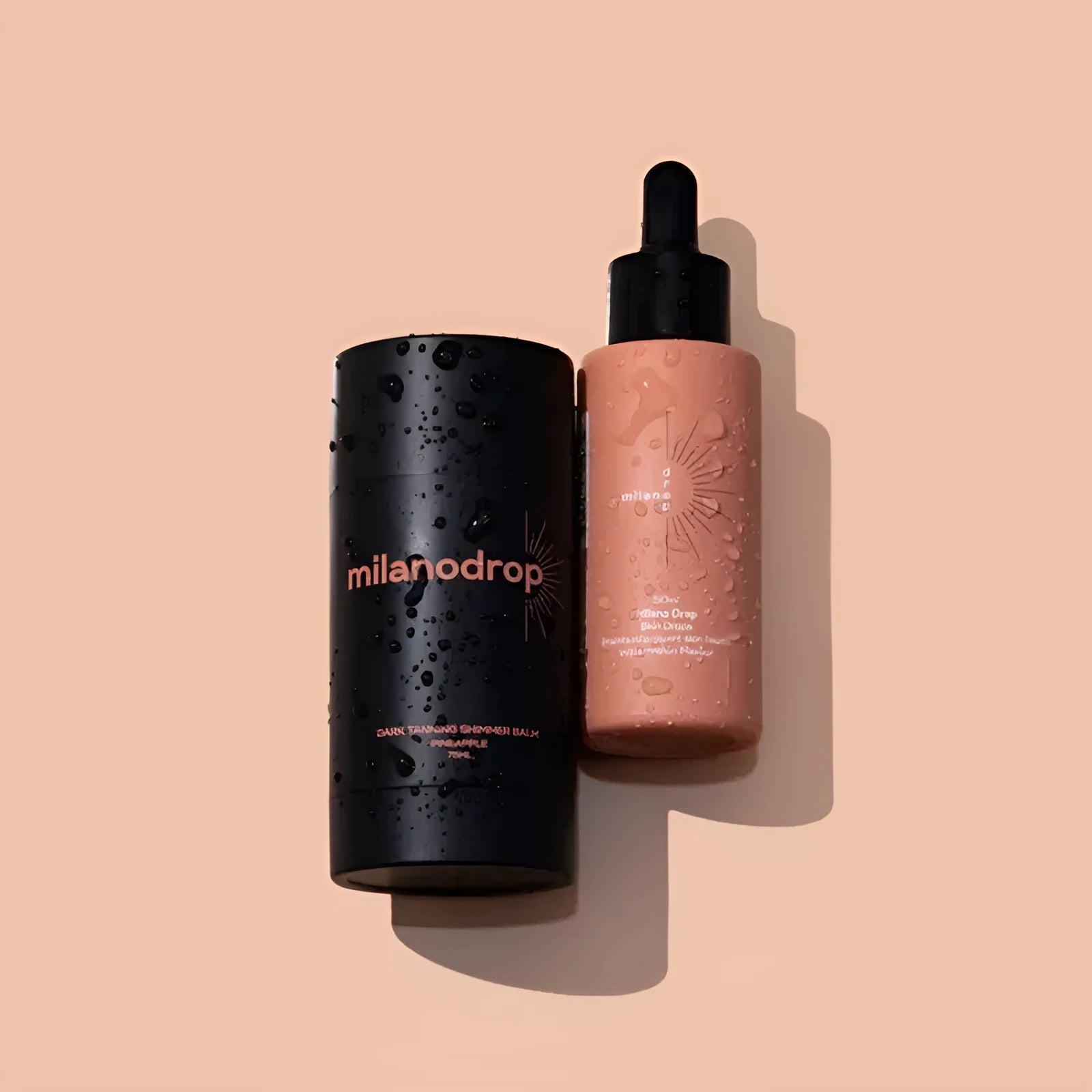 Matte Sun Tanning Black Liquid drops and tanning flash cream set, 50ml and 75ml bottles for sunless tanning.