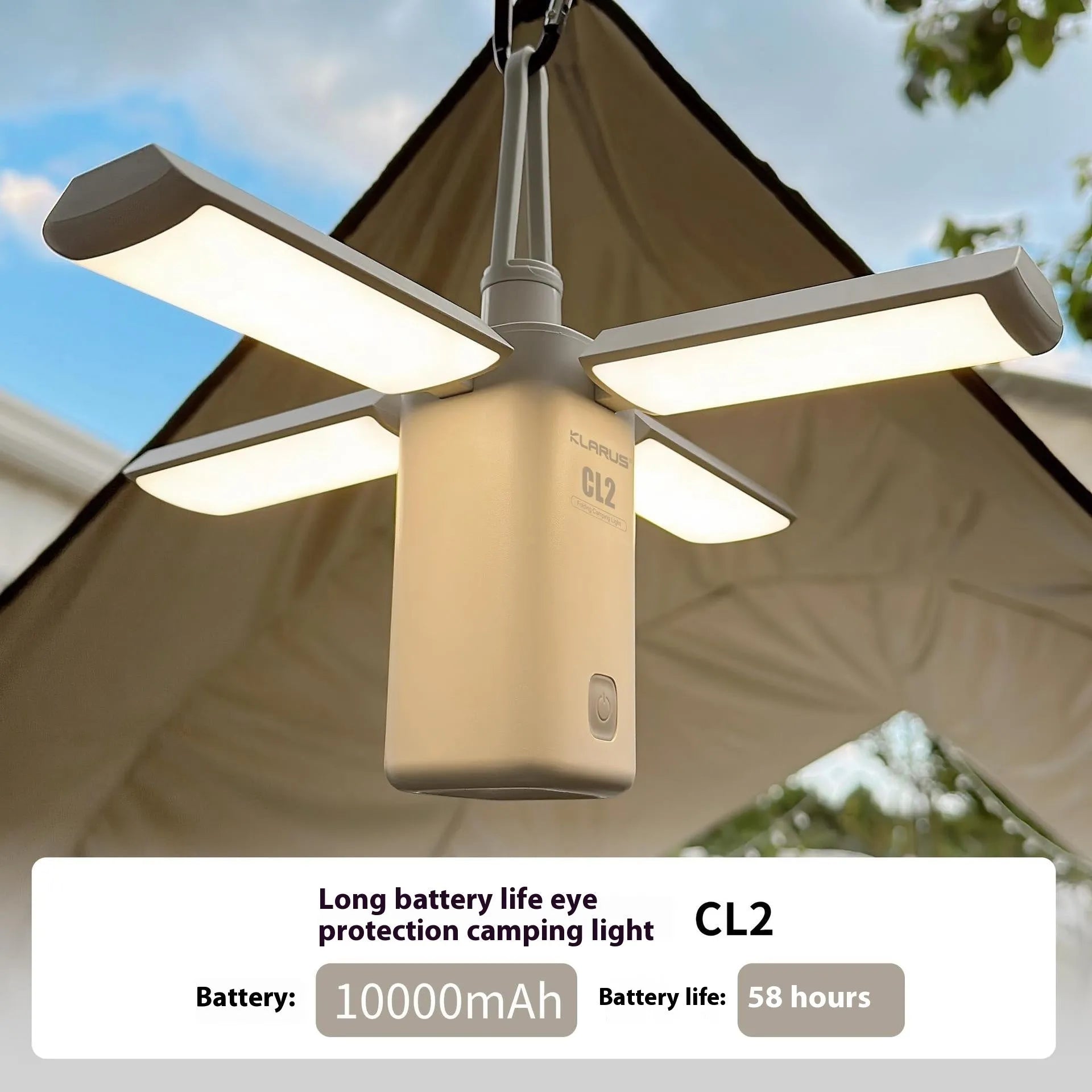 Green and white rechargeable campsite lamp with LED light for outdoor camping use