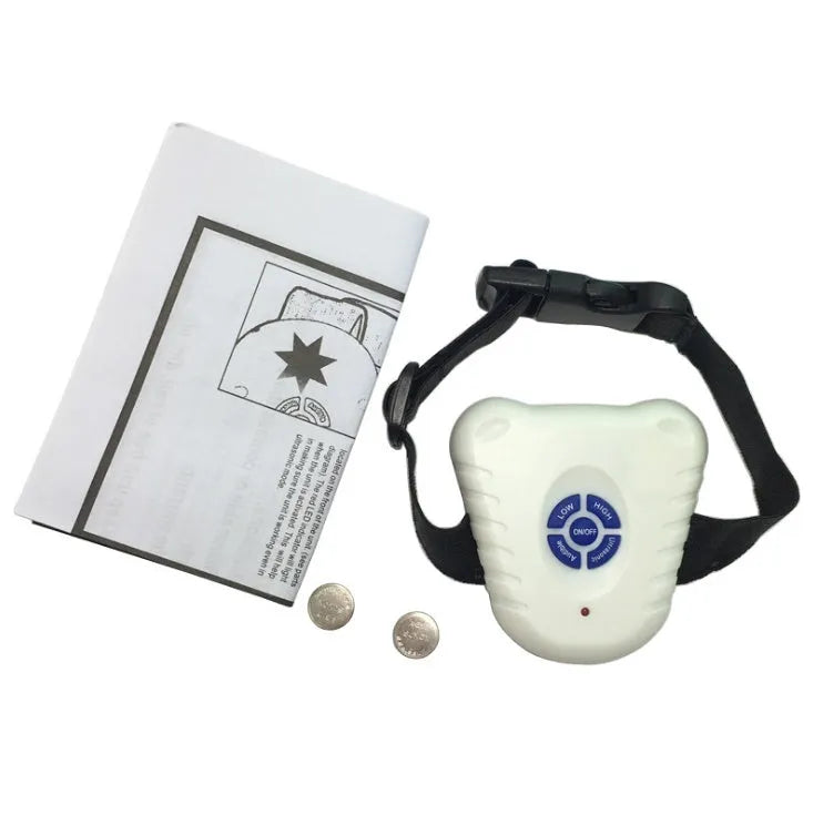 White ultrasonic automatic dog training collar with elasticated buckle strap for small to medium dogs