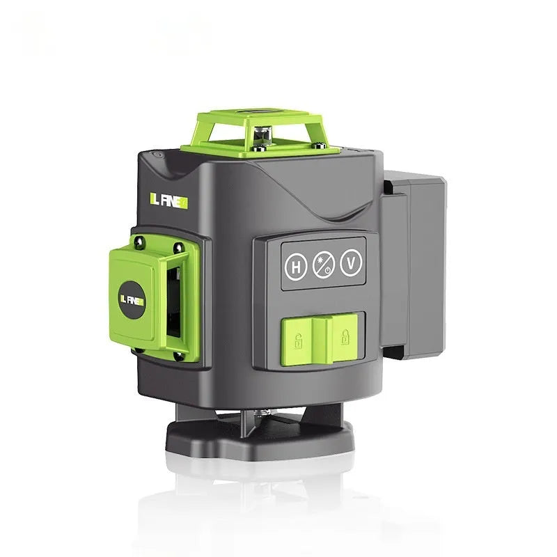 Green laser level projecting 16-line 3D cross pattern on walls and ceiling