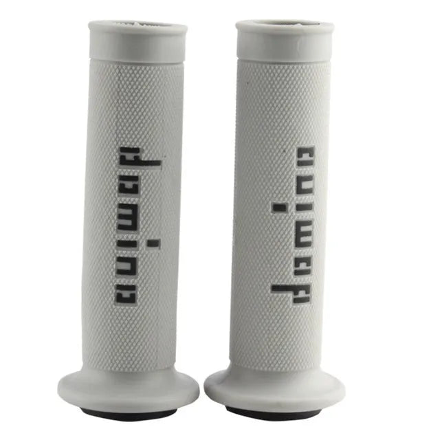 Pair of black motorcycle handle grips made of rubber gel material, showing non-slip texture.