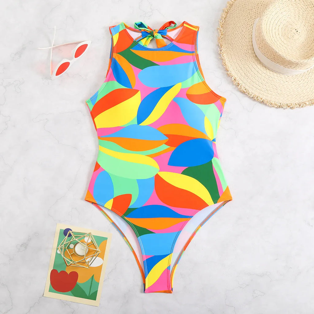 Printed multi-color one-piece swimsuit for women, tight fit, European and American style, available in three colours