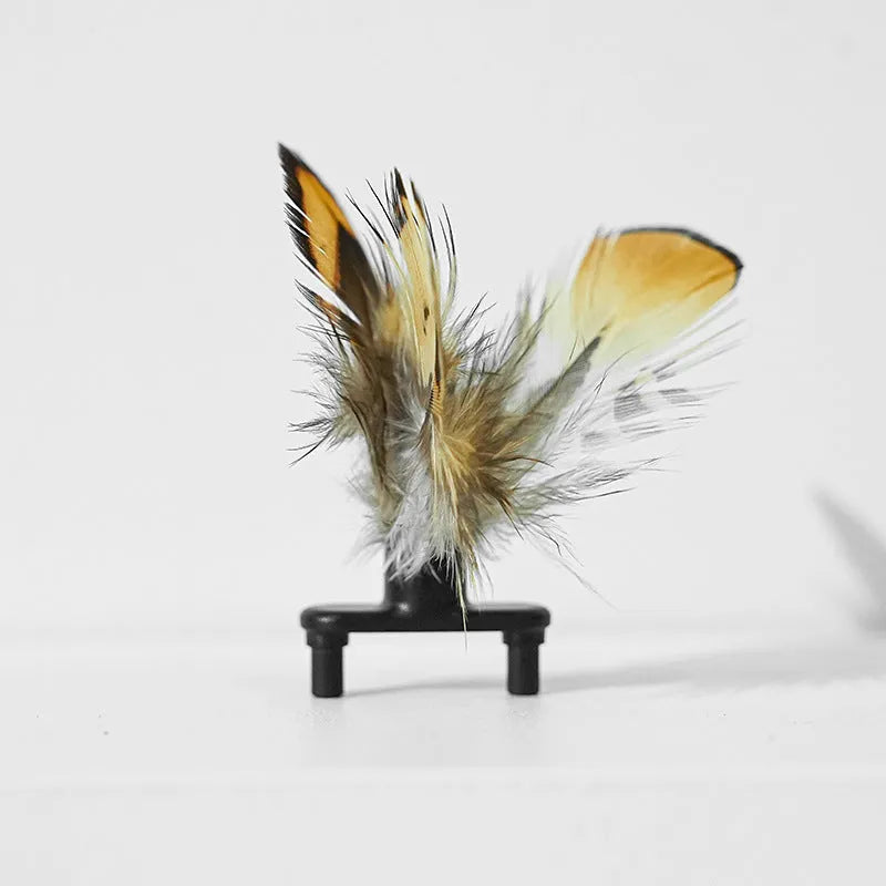Electric cat toy with bee design on feather teaser wand showing automatic movement function
