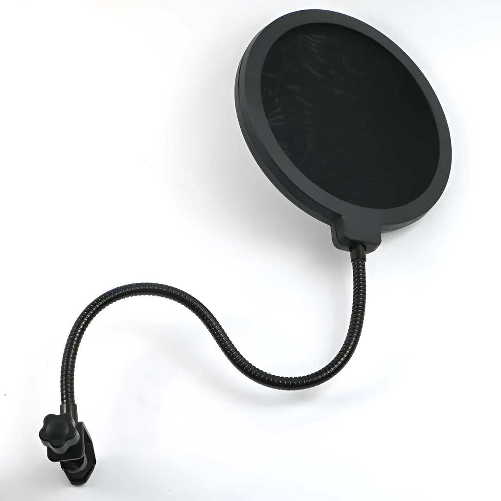 Black microphone anti-spray shock mount with elastic suspension bands on a stand
