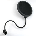 Black microphone anti-spray shock mount with elastic suspension bands on a stand