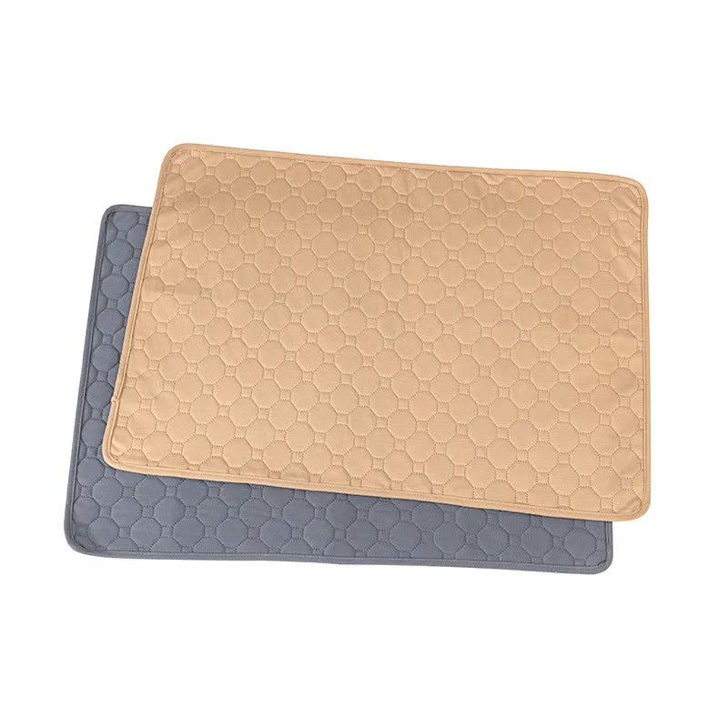 Washable dog pee pads in tan and grey colours showing multiple size options for pet protection