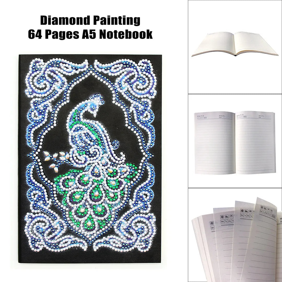 Peacock Beauty A5 diamond painting journal with black cover, shaped and bright drills, showing 142x207mm dimensions.