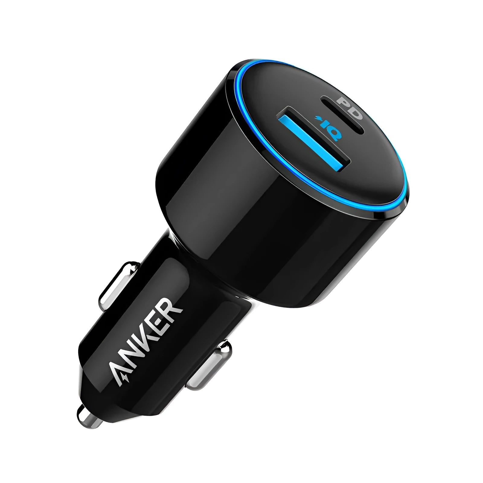 High-power fast charging car charger with dual USB ports, 63x35x35mm size, for 12-24V vehicles