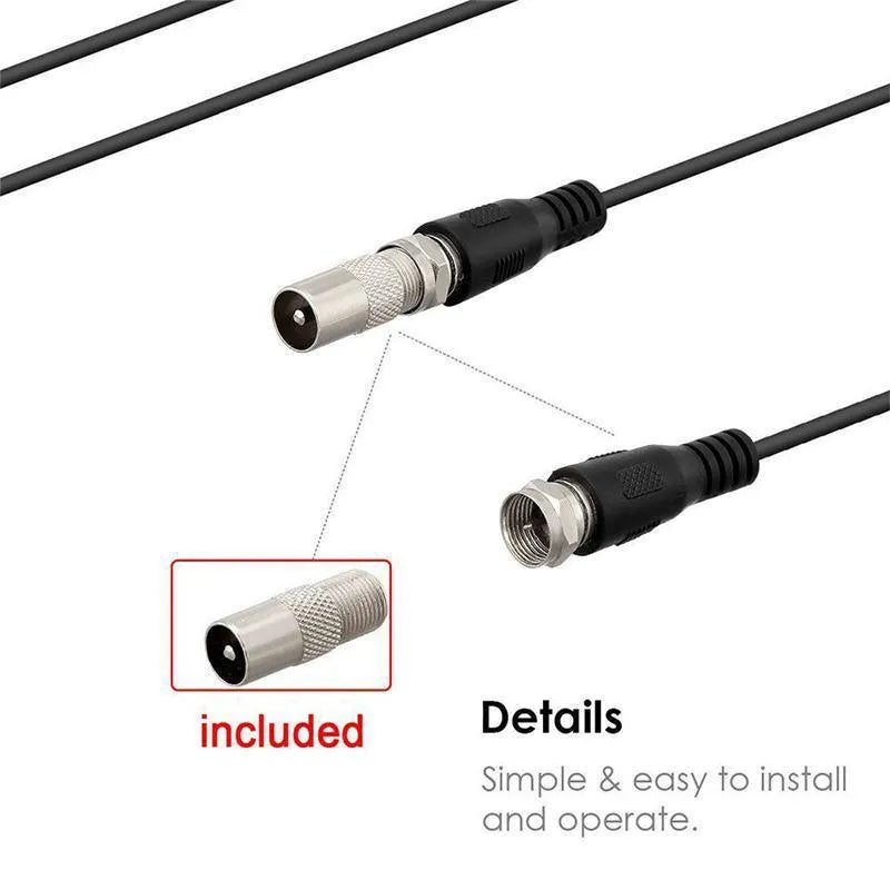 Black digital HD indoor TV antenna, 210 x 120 x 0.8 mm plate, 3 m coaxial cable, F-head connector, 1080p