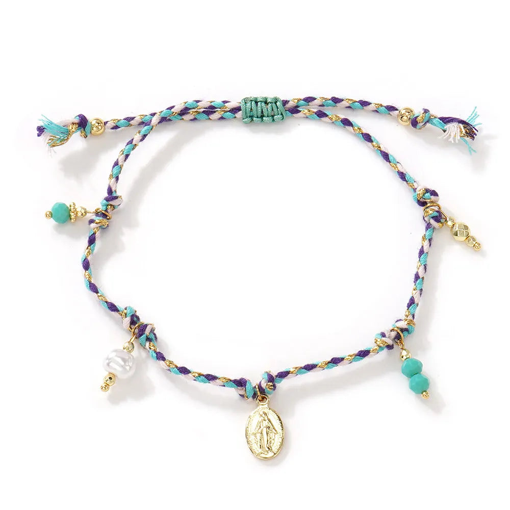 Hand-woven colourful braided rope ethnic style bracelet for women showing woven pattern
